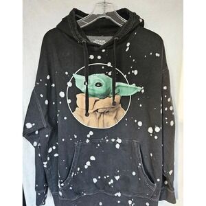 Star Wars Grogu Mandalorian Hoodie Black White Splatter Large Cotton Pouch
